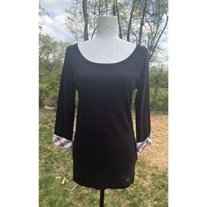 Burberry Brit Black Top Size Large 3/4 Sleeve Flip Cuff Nova Check Scoop Neck